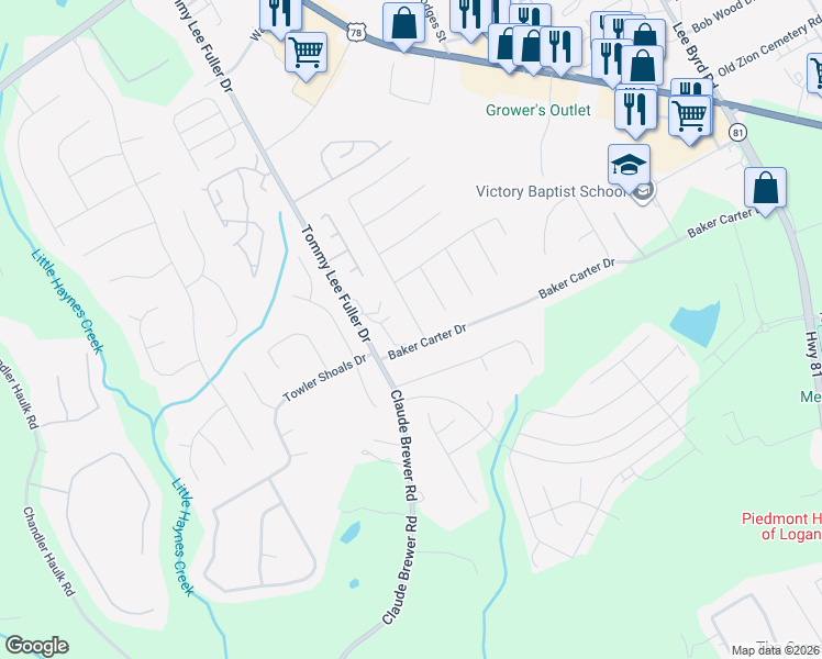 map of restaurants, bars, coffee shops, grocery stores, and more near 1203 Saint James Place in Loganville
