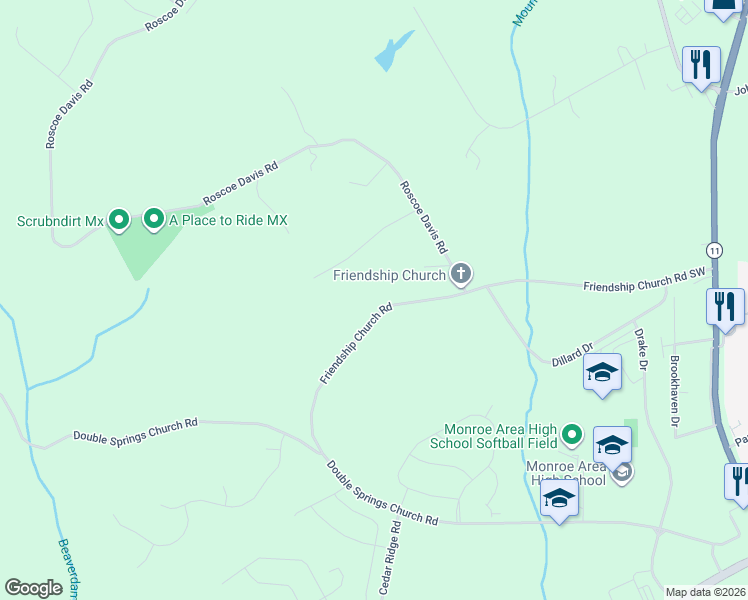 map of restaurants, bars, coffee shops, grocery stores, and more near 429 Friendship Church Road in Monroe