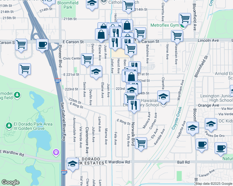 map of restaurants, bars, coffee shops, grocery stores, and more near 22314 Joliet Avenue in Hawaiian Gardens