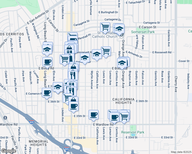 map of restaurants, bars, coffee shops, grocery stores, and more near 3733 California Avenue in Long Beach