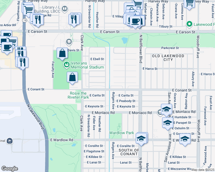 map of restaurants, bars, coffee shops, grocery stores, and more near 3712 Charlemagne Avenue in Long Beach
