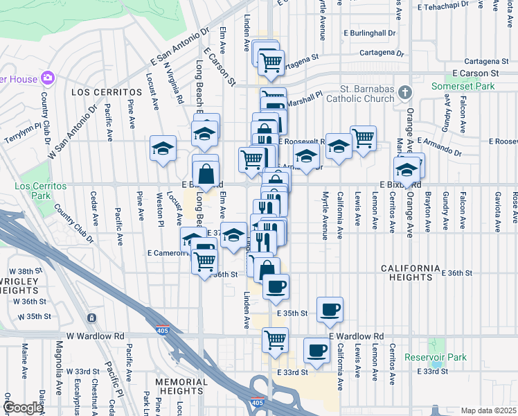 map of restaurants, bars, coffee shops, grocery stores, and more near 3726 Atlantic Avenue in Long Beach