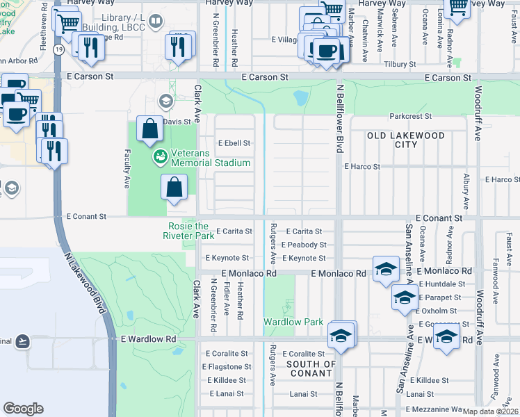 map of restaurants, bars, coffee shops, grocery stores, and more near 3712 Charlemagne Avenue in Long Beach