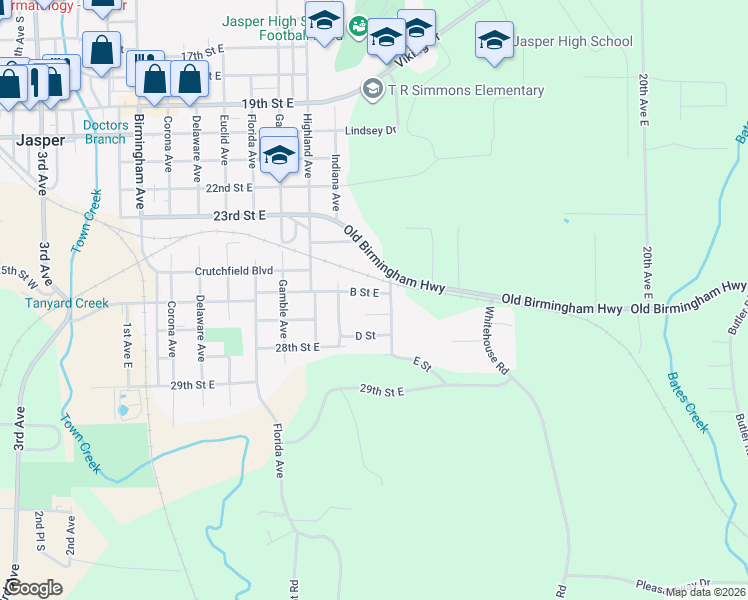 map of restaurants, bars, coffee shops, grocery stores, and more near 2606 A Street East in Jasper