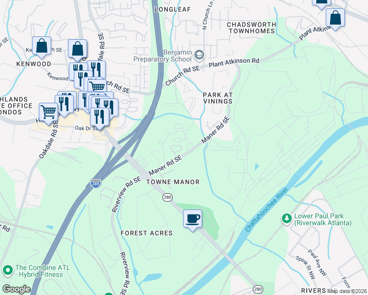 map of restaurants, bars, coffee shops, grocery stores, and more near 2447 Palladian Manor Way Southeast in Atlanta