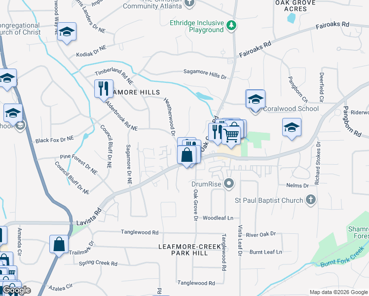 map of restaurants, bars, coffee shops, grocery stores, and more near 1500 Davis Oaks Way in Decatur