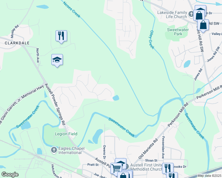 map of restaurants, bars, coffee shops, grocery stores, and more near 5010 Ethans Cove Drive in Austell