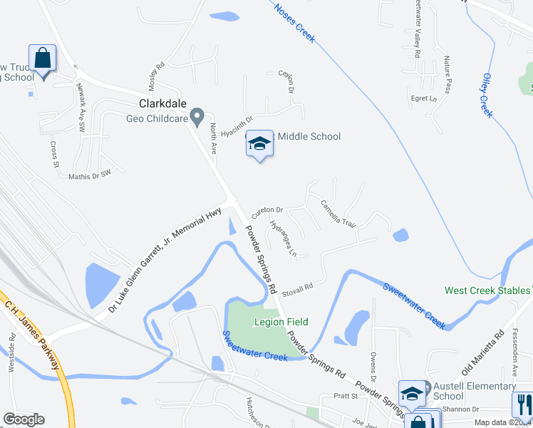 map of restaurants, bars, coffee shops, grocery stores, and more near 2015 Hydrangea Lane in Austell
