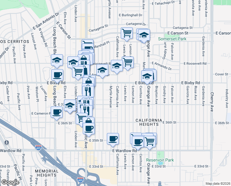 map of restaurants, bars, coffee shops, grocery stores, and more near 3733 California Avenue in Long Beach