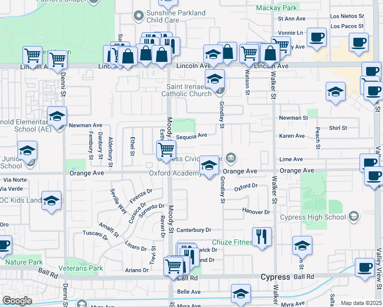 map of restaurants, bars, coffee shops, grocery stores, and more near 9011 Cerise Lane in Cypress