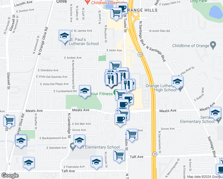 map of restaurants, bars, coffee shops, grocery stores, and more near 1500 East Village Way in Orange