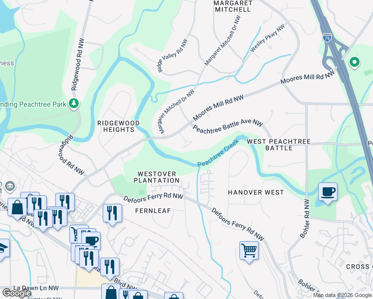 map of restaurants, bars, coffee shops, grocery stores, and more near 2535 Westminster Heath Northwest in Atlanta