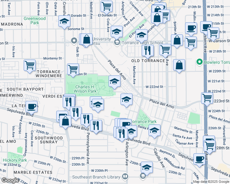 map of restaurants, bars, coffee shops, grocery stores, and more near 2290 Washington Avenue in Torrance