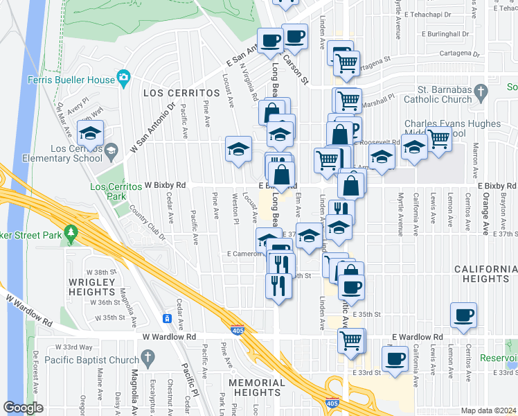 map of restaurants, bars, coffee shops, grocery stores, and more near 3740 Locust Avenue in Long Beach