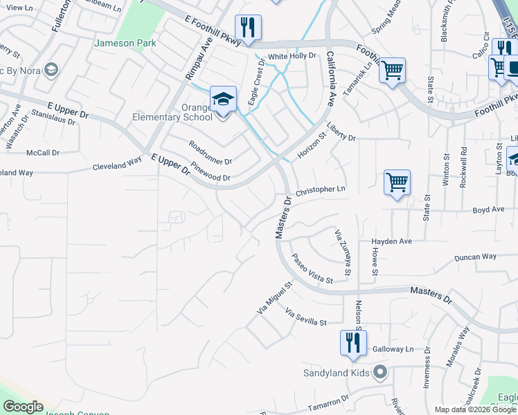 map of restaurants, bars, coffee shops, grocery stores, and more near 3659 Sunmeadow Street in Corona