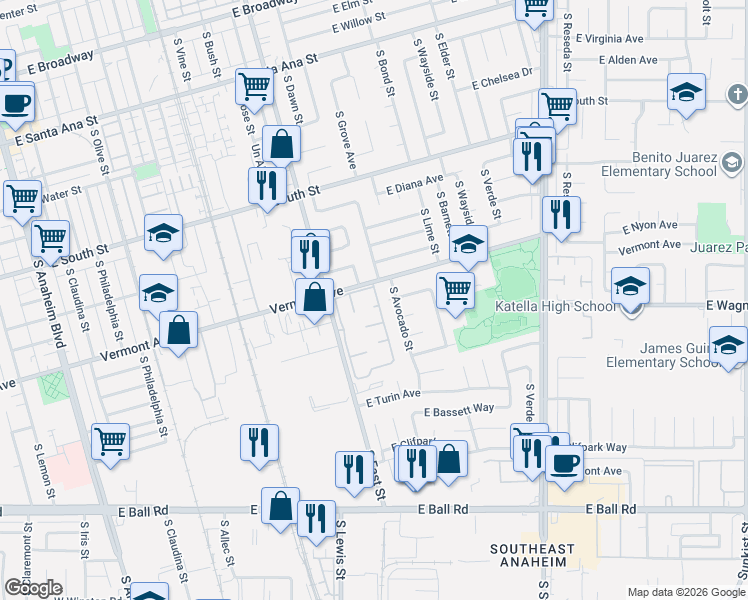 map of restaurants, bars, coffee shops, grocery stores, and more near 915 South Sarah Way in Anaheim