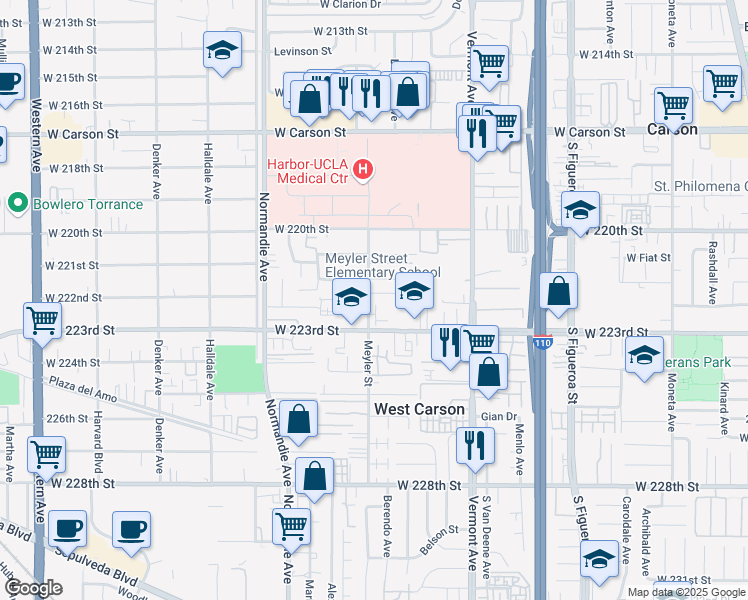 map of restaurants, bars, coffee shops, grocery stores, and more near 22206 Meyler Street in Torrance