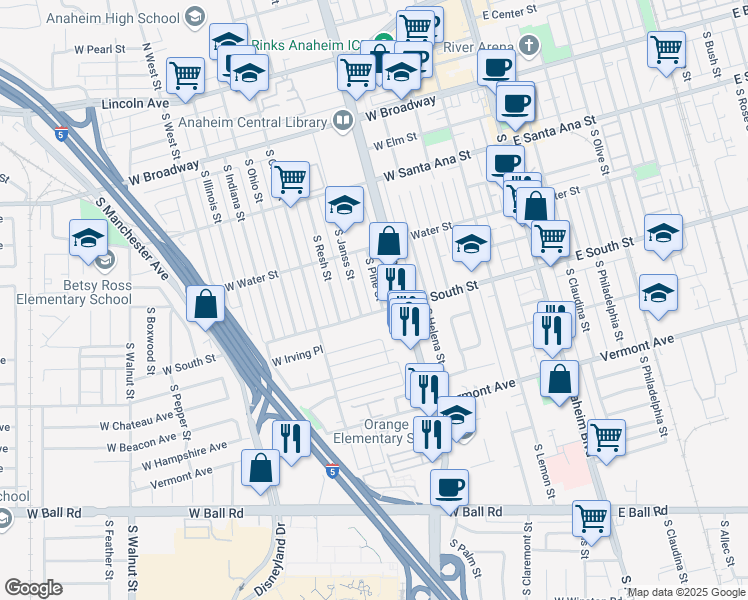 map of restaurants, bars, coffee shops, grocery stores, and more near 719 South Pine Street in Anaheim