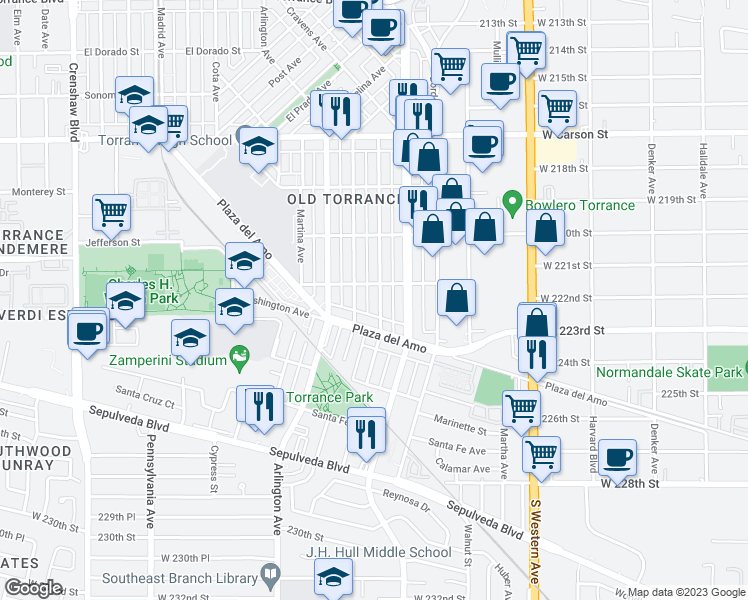 map of restaurants, bars, coffee shops, grocery stores, and more near 2219 Andreo Avenue in Torrance