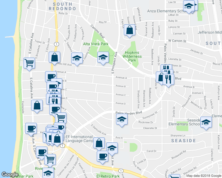 map of restaurants, bars, coffee shops, grocery stores, and more near 1011 South Prospect Avenue in Redondo Beach