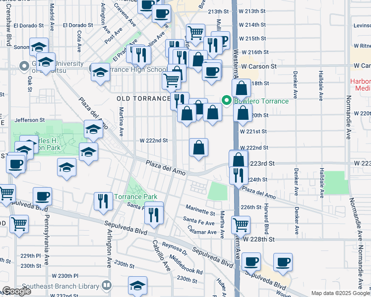 map of restaurants, bars, coffee shops, grocery stores, and more near 2306 Cabrillo Avenue in Torrance