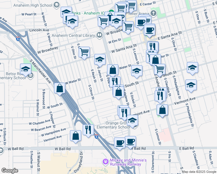 map of restaurants, bars, coffee shops, grocery stores, and more near 719 South Pine Street in Anaheim