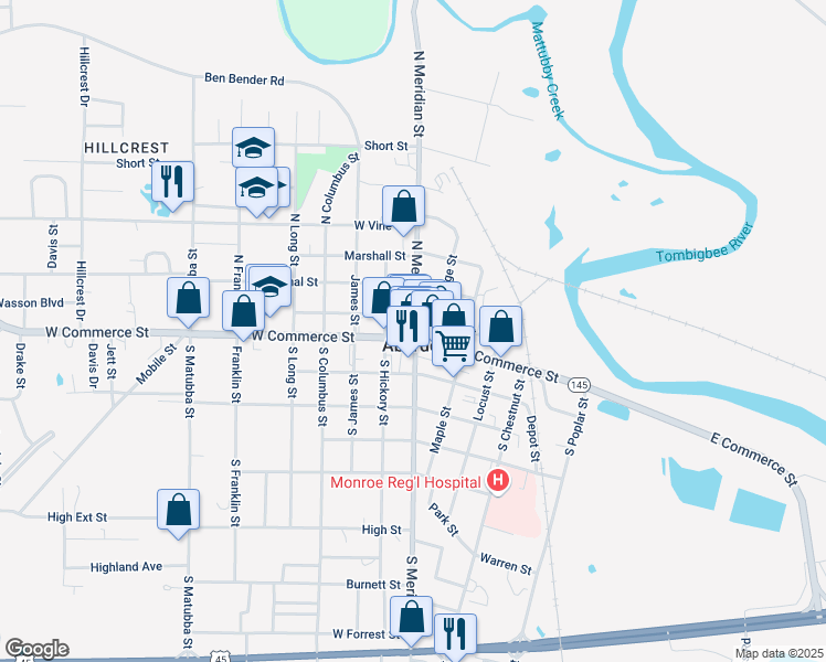 map of restaurants, bars, coffee shops, grocery stores, and more near 100 West Commerce Street in Aberdeen