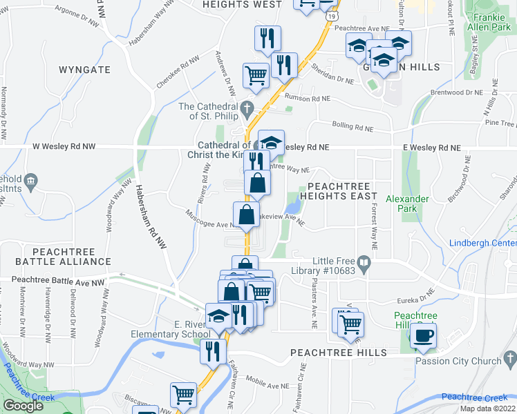 map of restaurants, bars, coffee shops, grocery stores, and more near 2525 Peachtree Road in Atlanta