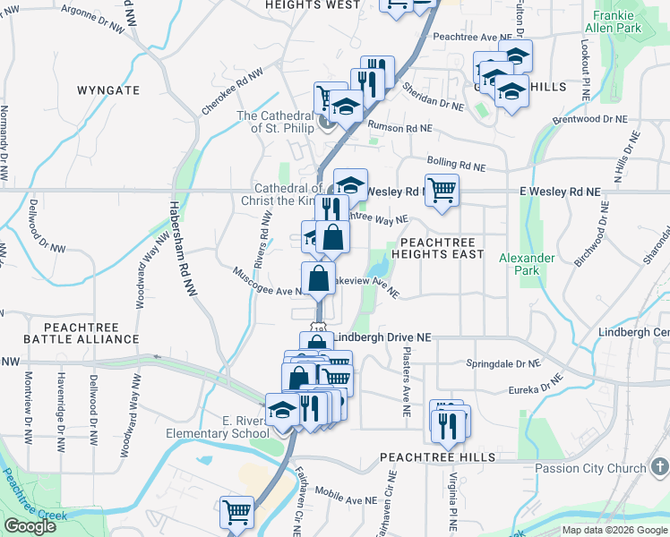 map of restaurants, bars, coffee shops, grocery stores, and more near 2525 Peachtree Road in Atlanta
