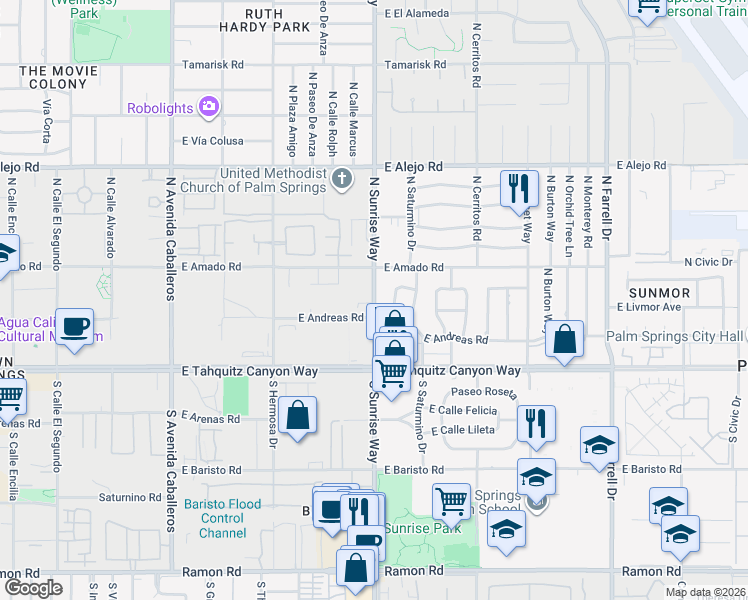 map of restaurants, bars, coffee shops, grocery stores, and more near 2260 North Sunrise Way in Palm Springs