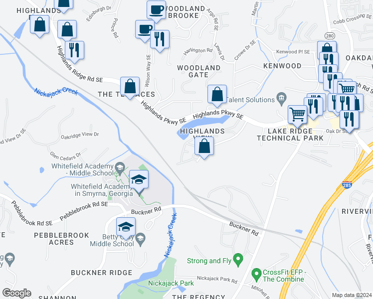 map of restaurants, bars, coffee shops, grocery stores, and more near 205 Macleans Cross Lane Southeast in Smyrna