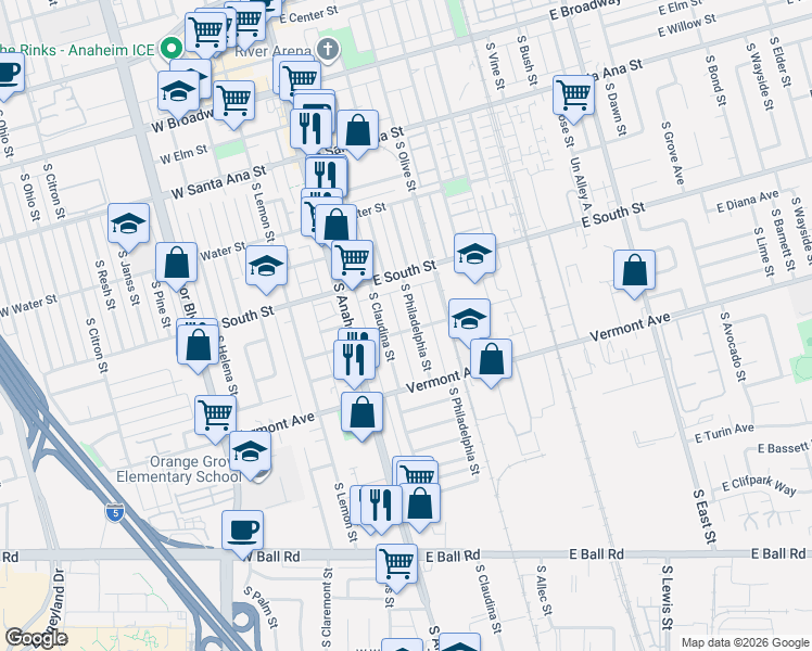 map of restaurants, bars, coffee shops, grocery stores, and more near 858 1/2 South Claudina Street in Anaheim