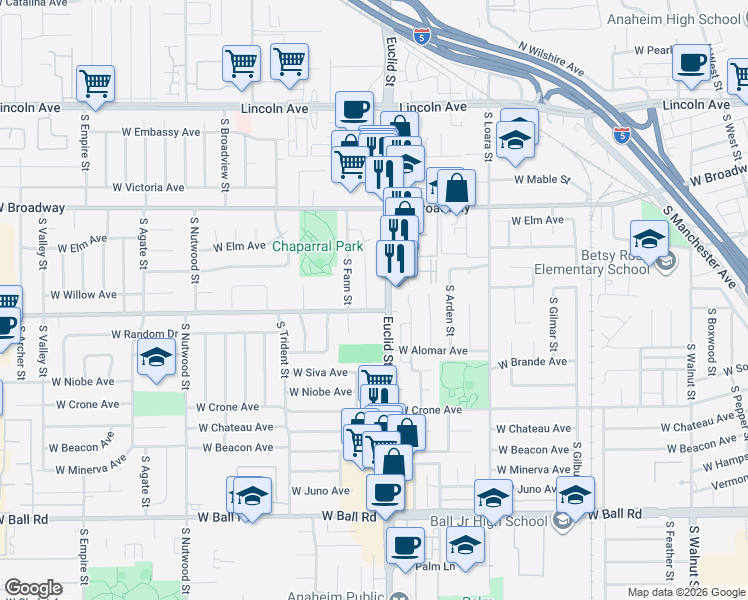 map of restaurants, bars, coffee shops, grocery stores, and more near 601 South Euclid Street in Anaheim
