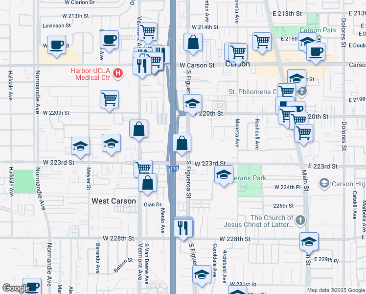 map of restaurants, bars, coffee shops, grocery stores, and more near 22235 South Figueroa Street in Carson