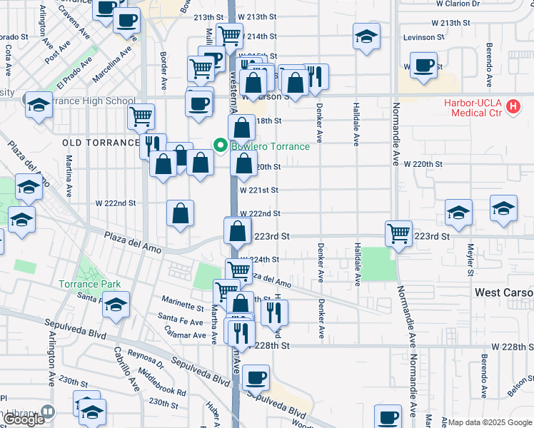 map of restaurants, bars, coffee shops, grocery stores, and more near 22215 Harvard Boulevard in Torrance