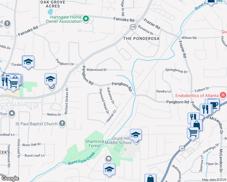 map of restaurants, bars, coffee shops, grocery stores, and more near 1497 Kahanna Drive in Decatur