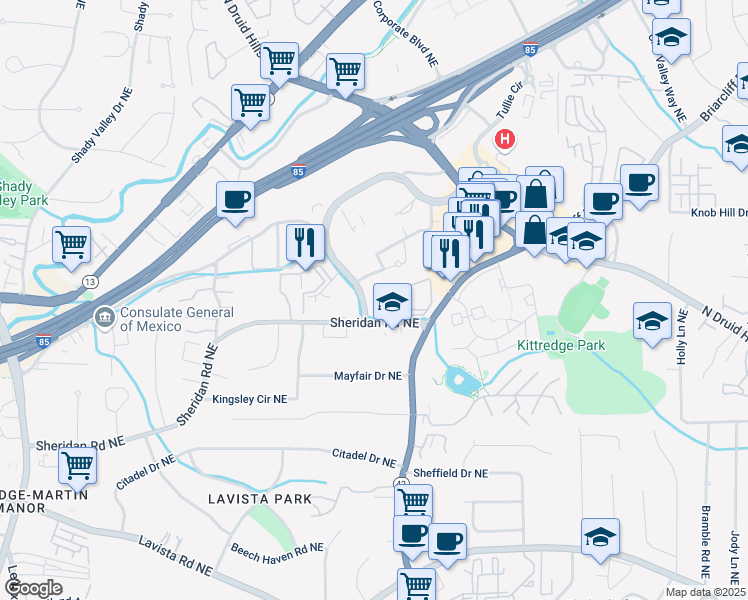map of restaurants, bars, coffee shops, grocery stores, and more near 4018 Oak Park Circle Northeast in Atlanta