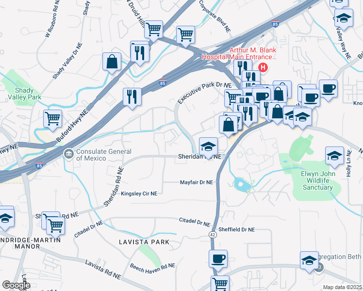 map of restaurants, bars, coffee shops, grocery stores, and more near 1514 Sheridan Road Northeast in Atlanta