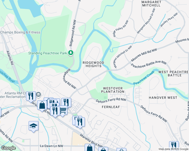 map of restaurants, bars, coffee shops, grocery stores, and more near 1753 Moores Mill Road Northwest in Atlanta