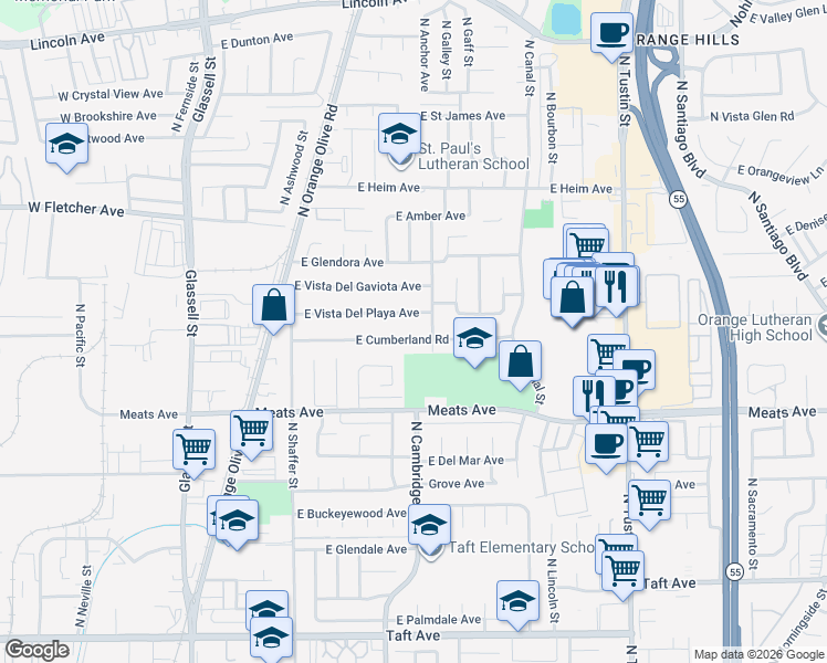 map of restaurants, bars, coffee shops, grocery stores, and more near 910 East Cumberland Road in Orange