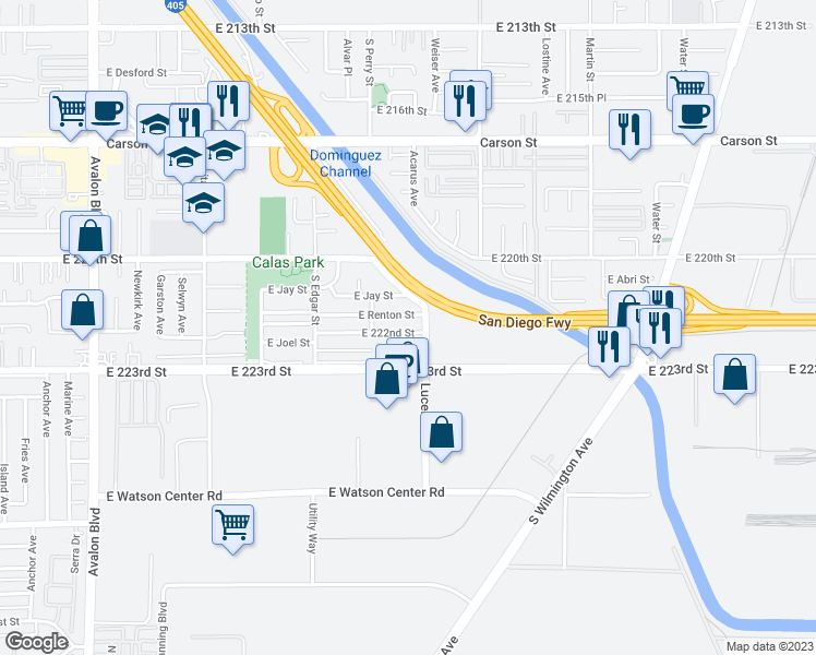 map of restaurants, bars, coffee shops, grocery stores, and more near 1250 East 222nd Street in Carson