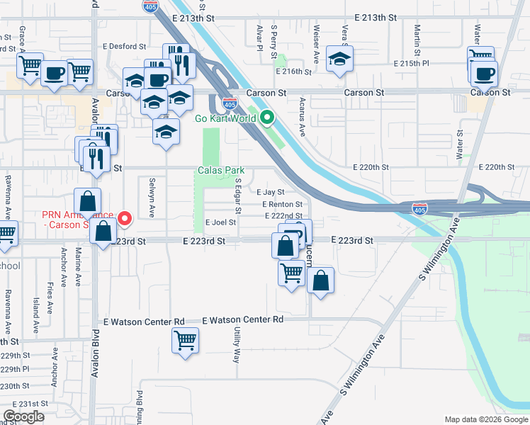map of restaurants, bars, coffee shops, grocery stores, and more near 1127 East Joel Street in Carson