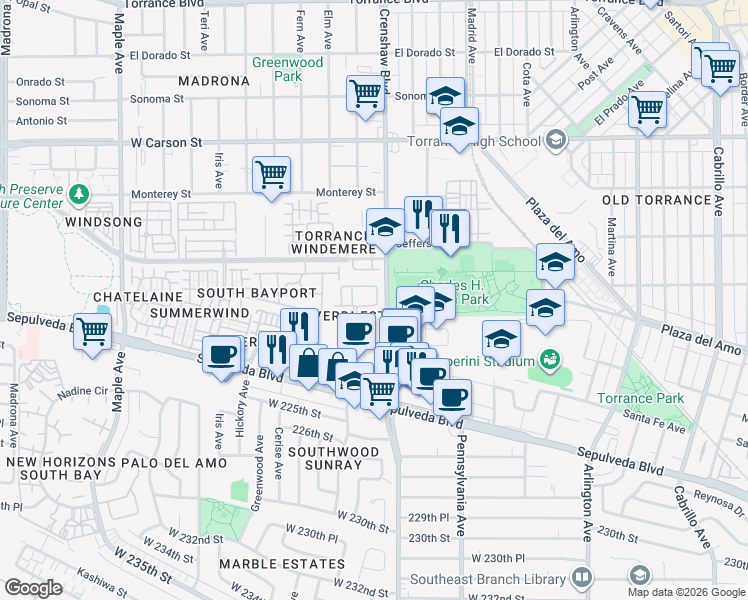 map of restaurants, bars, coffee shops, grocery stores, and more near in Torrance