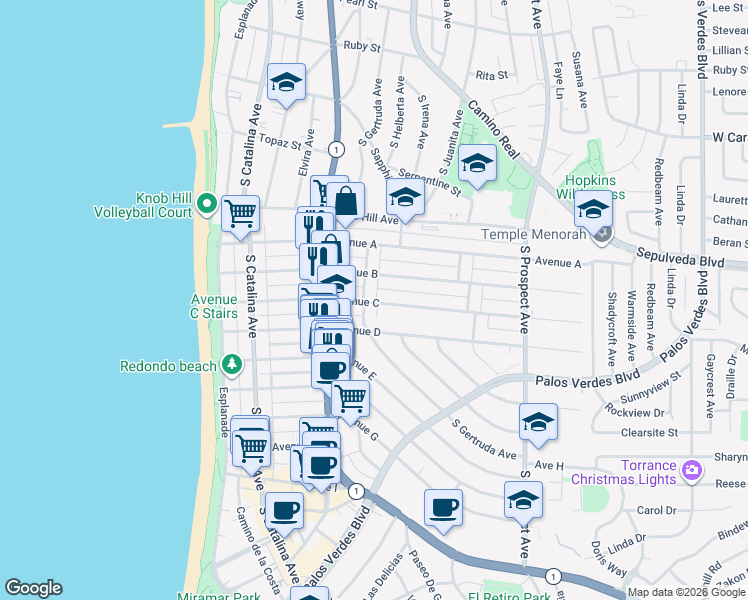 map of restaurants, bars, coffee shops, grocery stores, and more near 618 Avenue C in Redondo Beach