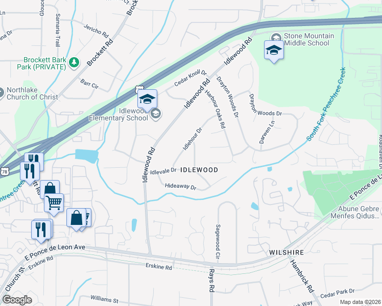 map of restaurants, bars, coffee shops, grocery stores, and more near 1503 Idlehour Way in Tucker