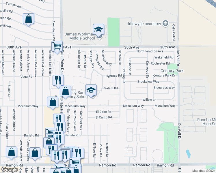 map of restaurants, bars, coffee shops, grocery stores, and more near 69398 Salem Road in Cathedral City
