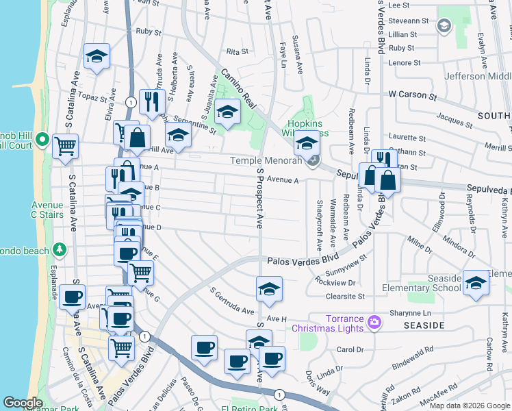 map of restaurants, bars, coffee shops, grocery stores, and more near 1011 South Prospect Avenue in Redondo Beach