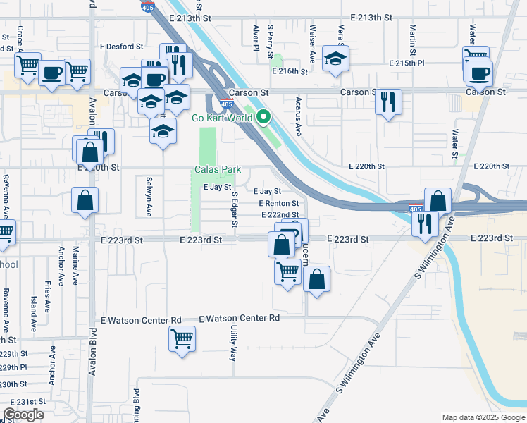 map of restaurants, bars, coffee shops, grocery stores, and more near 1151 East 222nd Street in Carson