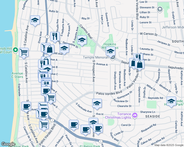 map of restaurants, bars, coffee shops, grocery stores, and more near 1011 South Prospect Avenue in Redondo Beach