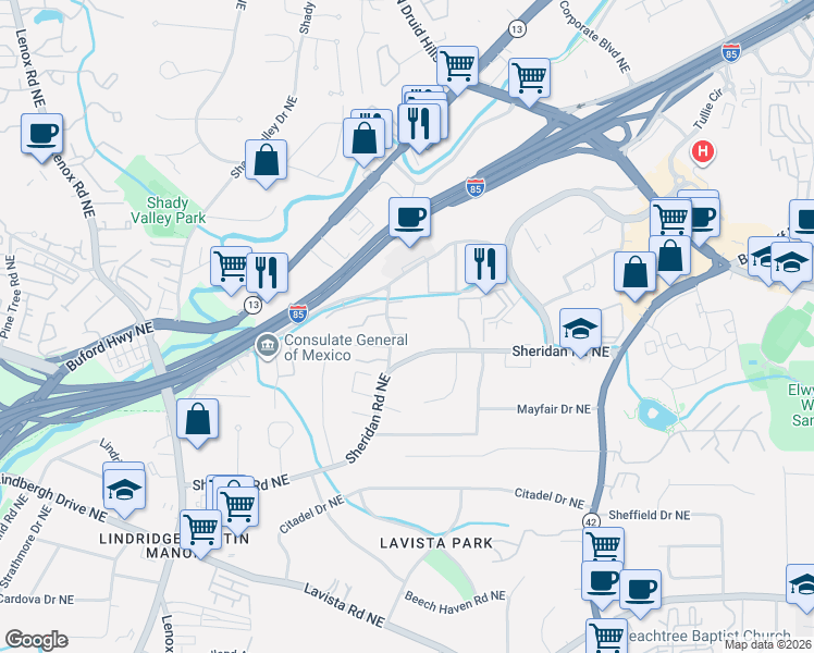 map of restaurants, bars, coffee shops, grocery stores, and more near 1420 Sheridan Road Northeast in Atlanta